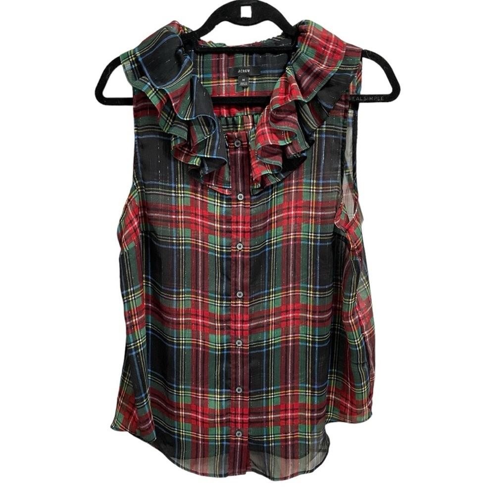 J. Crew Red and Green Plaid Ruffle Blouse